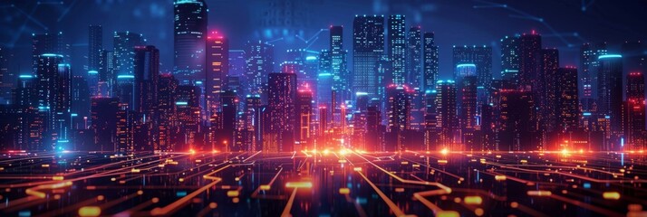 Obraz premium Futuristic Smart Cyber City: Innovative Urban Landscape in Digital Circuitry, futuristic technology concept, graphic banner design