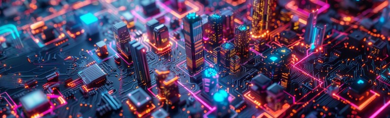 Obraz premium Futuristic Smart Cyber City: Innovative Urban Landscape in Digital Circuitry, futuristic technology concept, graphic banner design
