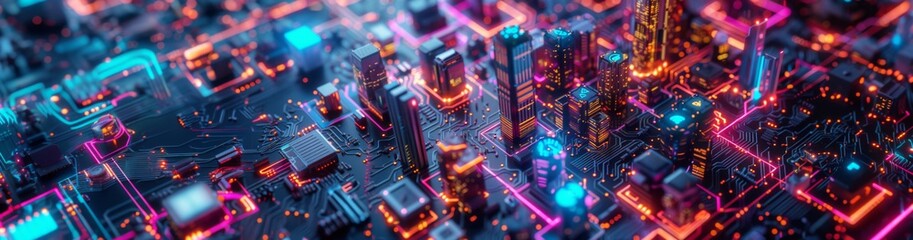 Obraz premium Futuristic Smart Cyber City: Innovative Urban Landscape in Digital Circuitry, futuristic technology concept, graphic banner design