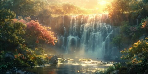 Serene Sunset Waterfall, generative ai