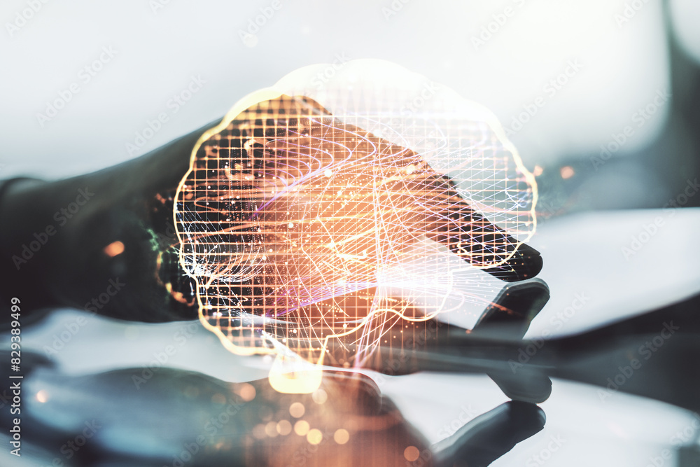 Poster double exposure of creative human brain microcircuit and hand working with a digital tablet on backg