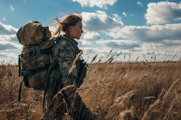Female soldier seen walking across field 