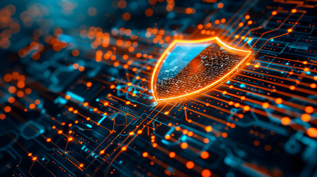 The digital shield icon displayed on the computer screen symbolizes a modern approach to antivirus protection. Thanks to dynamic graphic effects, the shield looks like a solid and reliable barrier.