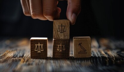 Wooden blocks featuring justice icons with a hand symbolizing equality. Legal concept.