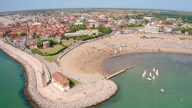4K aerial - a bird's eye view&nbsp;video (Ultra High Definition) of Madonna dell'Angelo church - small seaside chapel & pilgrimage destination, built in 1751 and dedicated to the Virgin Mary, Caorle resort