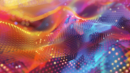 Fototapeta premium Render an image featuring captivating hexagonal molecular patterns composed of intricate dots, set against vibrant and varied color blends.