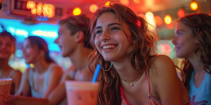 Teenagers enjoying milkshakes at a retro diner, generative ai