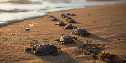 Obraz premium newborn turtles crawl along the sand of the beach to the water of the sea