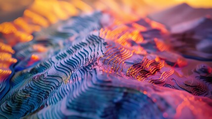 Topographic map with elevation lines, close up, focus on, copy space, vibrant colors, Double exposure silhouette with mountain terrain