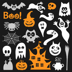 Set of silhouettes of Halloween on a black background. Vector illustration