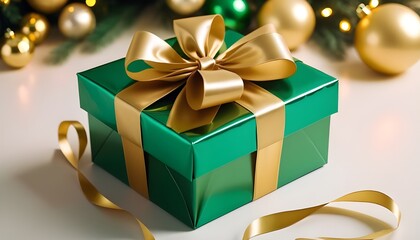 green and golden gift box isolated on transparent background cutout