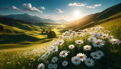 A beautiful, sunny meadow filled with blooming white daisies