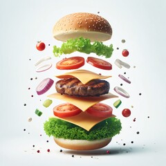 A hamburger floating and disassembled in the air, isolated on a white background