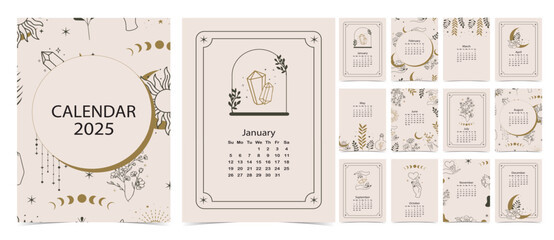 2025 table monthly calendar week start on Sunday with boho that use for vertical digital and printable A4 A5 size © piixypeach
