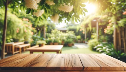 A wooden table in the foreground with a blurred, sunny outdoor background