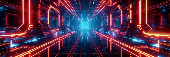 Obraz premium Futuristic abstract background showcasing neon lights, cyberpunk aesthetic, and high-tech elements in a stunning digital art piece.