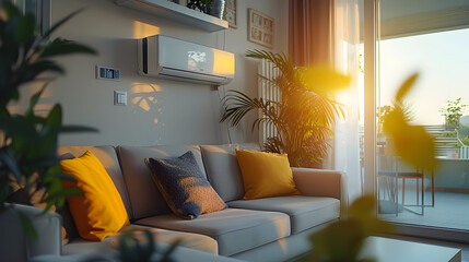 Air source heat pump installed in residential building. Sustainable and clean energy at home