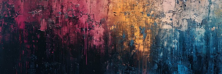 Grunge abstract background with distressed textures and urban vibes. Moody colors and detailed composition create a gritty aesthetic in this 3:1 ratio image.