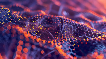 Render an image featuring intricate hexagonal molecular patterns composed of interconnected dots, set against vibrant and contrasting backgrounds.