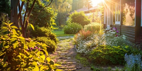 Sunlit garden path leading to a cozy house