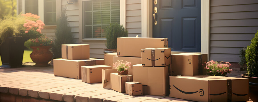 Moving Cardboard boxes and things delivered to a new apartment Several cardboard boxes with things are stacked near the entrance to the house, Moving In: Delivery of Cardboard Boxes to New Home - Adob