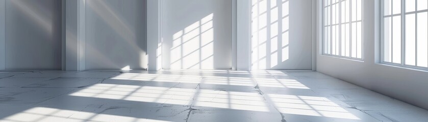 Bright modern empty white room with large windows casting sunlight shadows