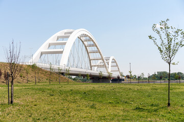 Beautiful modern bridge in Novi Sad, Serbia. Žeželj Bridge.