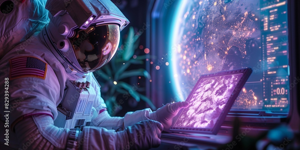 Wall mural astronaut handling mysterious substance in space lab, generative ai