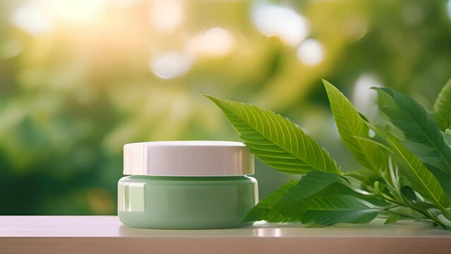 A branding mockup of an organic organic beauty product containing green herbs