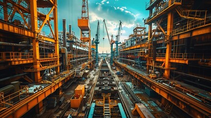 Obraz premium industrial machinery with a panoramic view of massive cranes and equipment in a shipyard