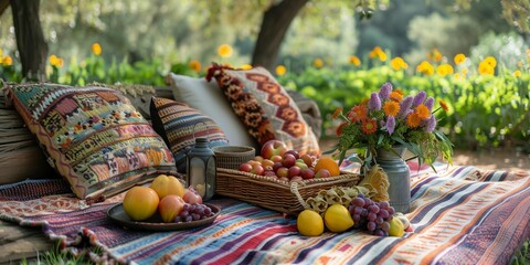 Fototapeta premium Serenity in Nature: Picnic Setup with Vibrant Textiles, generative ai