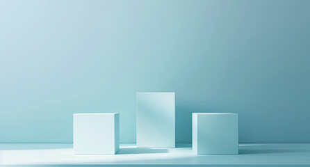 Minimalist stage design with three white cubes on a light blue background. Created with Ai