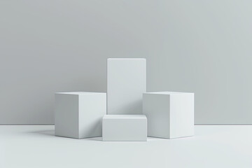 3 white cube podiums on a platform, soft light and shadows. Created with Ai