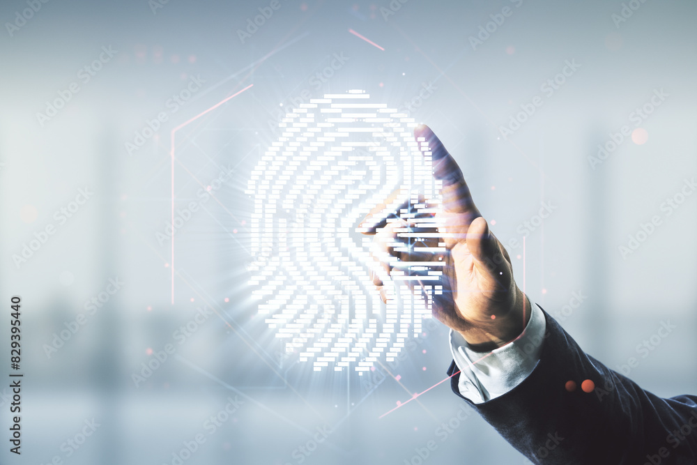 Leinwandbilder multi exposure of man hand working with virtual fingerprint scan interface on blurred office backgro