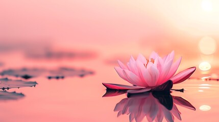Single lotus flower isolated on pastel backdrop, copy space, vivid hues, Double exposure silhouette with tranquil water scene
