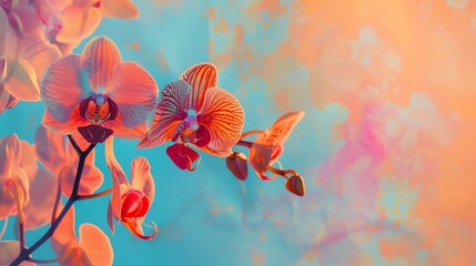 Single orchid isolated on pastel backdrop, copy space, vivid hues, Double exposure silhouette with exotic flowers