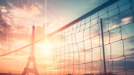 volleyball net copy space, isolated white background, bright tones, double exposure silhouette with Eiffel Tower view