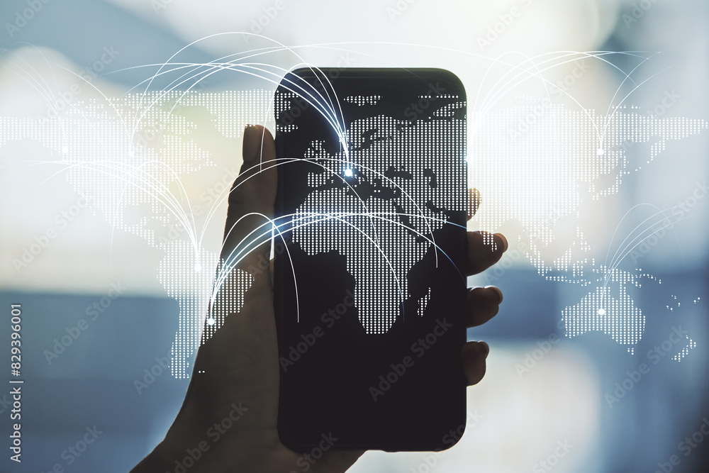Poster double exposure of abstract digital world map with connections and hand with cell phone on backgroun