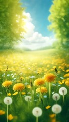 A bright, sunny meadow filled with blooming yellow dandelions, with green grass and a few scattered white flowers.