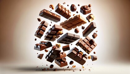 A few chocolate bars floating in mid-air against a white background