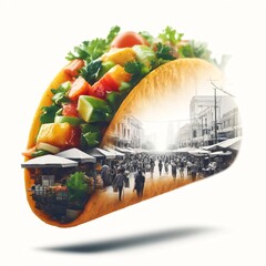 A floating taco on air, isolated on a white background. The taco is close up and in sharp focus