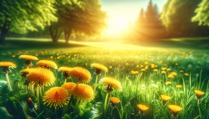 A sunny meadow with yellow dandelions in full bloom. The foreground features vibrant green grass and dandelions. In the background