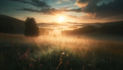 A serene meadow landscape at sunrise