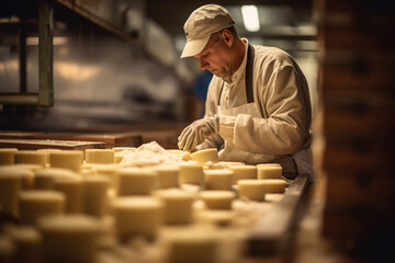 A cheesemaker inspects his cheese in a factory. Generated by AI
