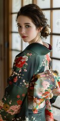 Portrait of a young woman wearing a kimono