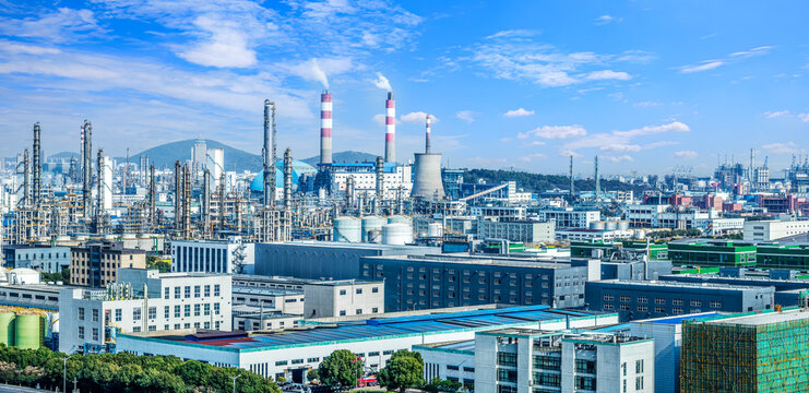 Petrochemical plant industrial area equipment building landscape