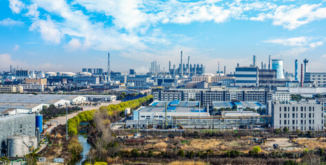 Petrochemical plant industrial area equipment building landscape