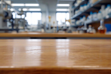 Obraz premium A wooden lab bench in the foreground with a blurred background of a science laboratory. The background features scientific equipment, lab coats, researchers conducting experiments, and shelves.
