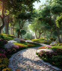 Stone path in a lush garden