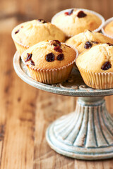Muffins on bright wooden background. Close up. Copy space.